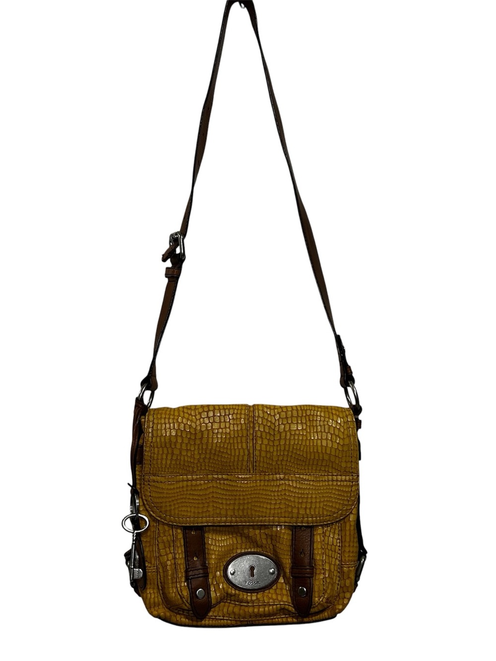 FOSSIL Yellow Crocodile Embossed Leather Crossbody Bag Key Charm